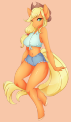 Size: 1952x3356 | Tagged: safe, artist:fernybee, applejack, earth pony, anthro, unguligrade anthro, g4, applejack's hat, belly button, breasts, clothes, colored pupils, cowboy hat, daisy dukes, female, front knot midriff, hat, looking at you, mare, midriff, pink background, shorts, simple background, smiling, solo, stetson, thighs