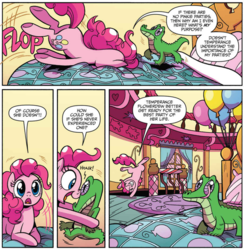 Size: 920x944 | Tagged: safe, artist:brenda hickey, idw, official comic, gummy, pinkie pie, alligator, earth pony, pony, friendship is magic #63, g4, spoiler:comic, butt, comic, cropped, duo, female, male, mare, plot, speech bubble