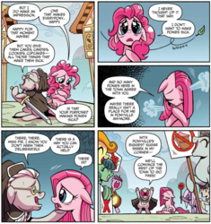 Size: 947x1008 | Tagged: dead source, safe, artist:brendahickey, idw, official comic, drum beet, octavia melody, pinkie pie, temperance flowerdew, earth pony, pony, g4, spoiler:comic, spoiler:comic63, anti-sugar league, carrie nation, comic, cropped, female, floppy ears, happy, mare, pinkamena diane pie, poof, sad, sign, speech bubble, sword, weapon