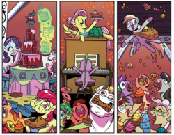 Size: 913x710 | Tagged: safe, artist:brenda hickey, idw, official comic, apple bloom, bulk biceps, derpy hooves, fluttershy, mayor mare, octavia melody, rarity, scootaloo, spike, sweetie belle, tadwell, dragon, pegasus, pony, unicorn, g4, spoiler:comic, spoiler:comic63, cake, candy, comic, cookie, cropped, cutie mark crusaders, derp, donut, female, filly, food, glasses, levitation, magic, magic aura, male, mare, milkshake, mouthful, musical instrument, overeating, party, piano, pie, puffy cheeks, sitting, speakeasy, stallion, stuffing, sweets, swirly glasses, telekinesis, this will end in weight gain, tongue out