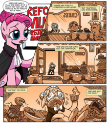 Size: 915x1037 | Tagged: dead source, safe, artist:brendahickey, idw, official comic, pinkie pie, temperance flowerdew, earth pony, pony, g4, spoiler:comic, spoiler:comic63, alternate hairstyle, anti-sugar pinkie pie, cake, carrie nation, comic, crying, diabetes fuel, fat, female, filly, flashback, foal, food, mare, pie, pinkamena diane pie, sepia, speech bubble, stomach ache, stuffed, sugar rush, this will end in diabetes, younger