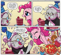 Size: 898x807 | Tagged: dead source, safe, artist:brendahickey, idw, official comic, pinkie pie, temperance flowerdew, earth pony, pony, g4, spoiler:comic, spoiler:comic63, cake, candy, carrie nation, comic, confetti, cropped, duo, female, floppy ears, food, glasses, hat, mare, old, one eye closed, party hat, speech bubble, wink