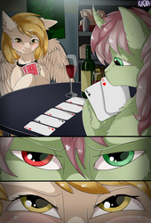 Size: 3000x4406 | Tagged: safe, artist:kuroran, oc, pegasus, pony, unicorn, rcf community, alcohol, bottle, card, choker, comic, glass, heterochromia, indoors, partially open wings, playing card, wine, wine bottle, wine glass, wings