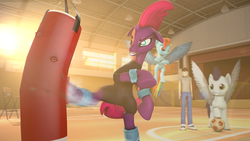 Size: 1280x720 | Tagged: safe, artist:jachau, rainbow dash, soarin', tempest shadow, human, pegasus, pony, unicorn, g4, my little pony: the movie, 3d, ball, exercise, flying, gym, kicking, mane, punching bag, source filmmaker, sweat, tail