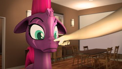 Size: 1920x1080 | Tagged: safe, artist:jachau, tempest shadow, pony, unicorn, g4, my little pony: the movie, 3d, boop, broken horn, eye scar, faic, female, finger, floppy ears, hand, horn, mare, non-consensual booping, room, scar, source filmmaker, surprised, table, this will end in pain