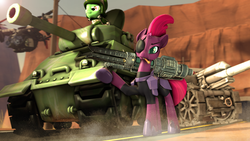 Size: 1920x1080 | Tagged: safe, artist:jachau, tempest shadow, pony, unicorn, g4, my little pony: the movie, 3d, army, cannon, cigar, day, desert, dust, eyepatch, fallout, female, helicopter, imperial guard, looking at you, mare, road, source filmmaker, tank (vehicle), vertibird