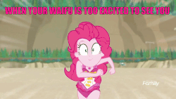 Size: 800x450 | Tagged: safe, edit, edited screencap, screencap, pinkie pie, human, equestria girls, equestria girls specials, g4, my little pony equestria girls: better together, my little pony equestria girls: forgotten friendship, animated, bronybait, clothes, excited, falling, female, flippers (gear), gif, happy, image macro, majestic as fuck, meme, running, solo, swimsuit, waifu