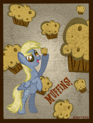 Size: 960x1280 | Tagged: safe, artist:krazykari, derpy hooves, pony, g4, female, food, muffin, poster, solo