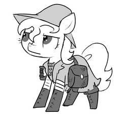 Size: 640x600 | Tagged: safe, artist:ficficponyfic, oc, oc only, cyoa:the wizard of logic tower, annoyed, bag, cyoa, hat, leg wraps, monochrome, shovel, stitches, story included