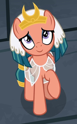 Size: 308x494 | Tagged: safe, screencap, somnambula, pegasus, pony, daring done?, g4, cropped, cute, female, headdress, looking at you, looking up, mare, raised hoof, smiling, solo, somnambetes