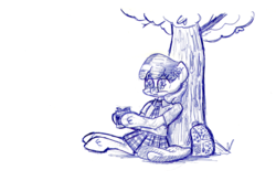 Size: 891x585 | Tagged: safe, artist:shoeunit, cheerilee, earth pony, pony, g4, backpack, clothes, female, mare, school uniform, soda, soda can, solo, traditional art, tree