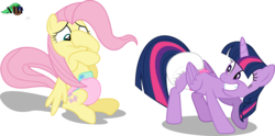 Size: 2913x1440 | Tagged: safe, artist:bluethunder66, artist:mlpcutepic, edit, fluttershy, twilight sparkle, alicorn, pony, g4, the hooffields and mccolts, .svg available, diaper, diaper butt, diaper edit, diaper fetish, diaperlight, diapershy, duo, female, fetish, folded wings, look at my butt, mare, non-baby in diaper, out of context, poofy diaper, presenting, show accurate, showing off, simple background, twilight sparkle (alicorn), vector, wings
