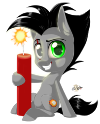 Size: 651x800 | Tagged: safe, artist:unisoleil, oc, oc only, oc:gitzo, earth pony, pony, chibi, dynamite, explosives, eye scar, grin, heterochromia, hoof hold, male, scar, simple background, smiling, solo, stallion, this will end in death, transparent background