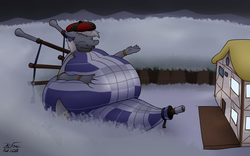 Size: 3600x2250 | Tagged: safe, artist:the-furry-railfan, oc, oc only, oc:hylund, dragon, original species, bagpipe dragon, bagpipes, forest, hat, high res, house, mountain, mountain range, musical instrument, night, plaid, singing, snow, tam o' shanter, tartan