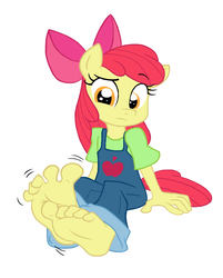 Size: 660x821 | Tagged: safe, artist:dertikleen, apple bloom, earth pony, anthro, plantigrade anthro, g4, barefoot, clothes, denim, feet, female, fetish, filly, foot fetish, foot focus, itchy, jeans, overalls, pants, scratching, simple background, sitting, soles, solo, toes, white background, wiggle, wiggling toes