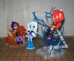 Size: 1031x850 | Tagged: safe, sunset shimmer, trixie, twilight sparkle, equestria girls, g4, diorama, doll, electrocution, equestria girls minis, eqventures of the minis, explosion, female, irl, photo, toy