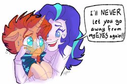 Size: 1931x1285 | Tagged: dead source, safe, artist:sl0ne, starlight glimmer, sunburst, human, pony, unicorn, g4, cape, clothes, dialogue, female, glasses, holding a pony, hug, humanized, looking at each other, male, nervous, not sure if want, ship:starburst, shipping, simple background, stallion, straight, sweat, white background, yandere, yandere glimmer