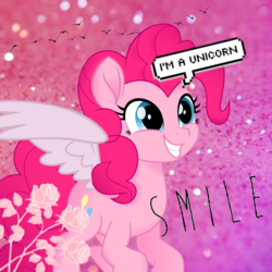 Size: 1920x1920 | Tagged: safe, artist:starlyedits4, edit, pinkie pie, bird, pegasus, pony, g4, abstract background, blatant lies, colored wings, cute, diapinkes, female, flower, flying, grin, movie accurate, pegasus pinkie pie, race swap, rose, seems legit, smiling, solo, speech bubble, spread wings, squee, wat, wings