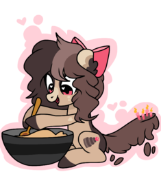 Size: 640x680 | Tagged: safe, artist:chococakebabe, oc, oc only, oc:choco cake delight, earth pony, pony, augmented tail, batter, female, food, heart eyes, mare, simple background, sitting, solo, transparent background, wingding eyes