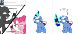 Size: 1808x800 | Tagged: safe, artist:dekomaru, pinkie pie, oc, oc:nebula, pony, unicorn, tumblr:ask twixie, g4, anon pony, ask, cellphone, colt, comic, magic, magical lesbian spawn, male, offspring, parent:trixie, parent:twilight sparkle, parents:twixie, phone, tumblr