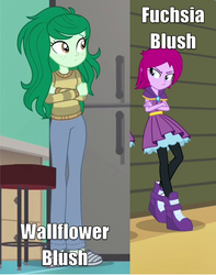 Size: 1166x1482 | Tagged: safe, edit, edited screencap, screencap, fuchsia blush, wallflower blush, equestria girls, equestria girls specials, g4, my little pony equestria girls: better together, my little pony equestria girls: forgotten friendship, duo, duo female, female, headcanon, meme, possible relation