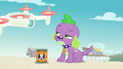 Size: 1920x1080 | Tagged: safe, screencap, spike, spike the regular dog, dog, equestria girls, equestria girls specials, g4, my little pony equestria girls: better together, my little pony equestria girls: forgotten friendship, dog food, rock horse, selfie drone, spike is not amused, spike's dog collar, unamused