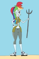 Size: 1697x2561 | Tagged: safe, artist:hunterxcolleen, rainbow dash, equestria girls, g4, beach, belly button, bikini, bikini top, bracelet, clothes, cosplay, costume, digimon, digimon tamers, feet, fishing spear, jewelry, one eye closed, pants, ripped pants, sandals, seashell necklace, smiling, swimsuit, vest, wink