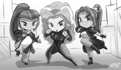 Size: 1920x1117 | Tagged: safe, artist:shonuff44, adagio dazzle, aria blaze, sonata dusk, equestria girls, g4, ariabetes, blushing, bodysuit, boots, chibi, clothes, cute, fishnet stockings, gloves, grayscale, juri han, long gloves, monochrome, pants, pantyhose, pigtails, plaid, plaid skirt, ponytail, shoes, skirt, skirt lift, street fighter, the dazzlings, twintails