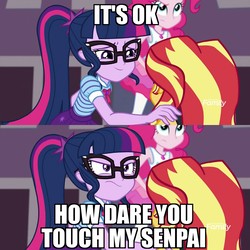 Size: 2048x2048 | Tagged: safe, pinkie pie, sci-twi, sunset shimmer, twilight sparkle, equestria girls, equestria girls specials, g4, my little pony equestria girls: better together, my little pony equestria girls: forgotten friendship, discovery family logo, female, high res, image macro, lesbian, meme, senpai, ship:sci-twishimmer, ship:sunsetsparkle, shipping