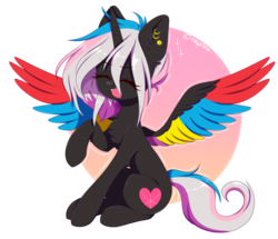 Size: 1308x1123 | Tagged: safe, artist:lnspira, oc, oc only, oc:flaming rainbow, alicorn, pony, chibi, colored wings, female, happy, mare, multicolored wings, simple background, sitting, solo, spread wings, transparent background, wings