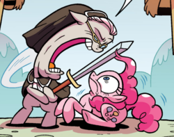 Size: 1046x825 | Tagged: safe, artist:brendahickey, idw, official comic, pinkie pie, temperance flowerdew, pony, g4, spoiler:comic, spoiler:comic63, carrie nation, cropped, disproportional anatomy, duo, faic, female, mare, open mouth, sword, volumetric mouth, wat, weapon, wtf