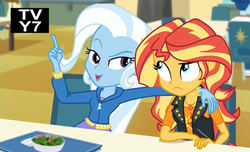 Size: 990x600 | Tagged: safe, screencap, sunset shimmer, trixie, equestria girls, equestria girls specials, g4, my little pony equestria girls: better together, my little pony equestria girls: forgotten friendship, cafeteria, food, salad, tv rating, tv-y7
