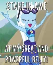 Size: 489x600 | Tagged: safe, edit, edited screencap, screencap, trixie, equestria girls, equestria girls specials, g4, my little pony equestria girls: better together, my little pony equestria girls: forgotten friendship, beach, belly, belly button, bikini, caption, clothes, eyes closed, meme, midriff, sarong, sunglasses, swimsuit