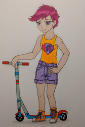 Size: 428x637 | Tagged: safe, artist:metalamethyst, scootaloo, human, g4, clothes, converse, female, humanized, scooter, shoes, short hair, solo, tank top, teenager, traditional art