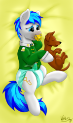 Size: 1476x2500 | Tagged: safe, artist:wittleskaj, oc, oc:hooklined, dog, earth pony, pony, adult foal, clothes, cuddling, cute, diaper, female, mare, non-baby in diaper, pacifier, solo, uniform