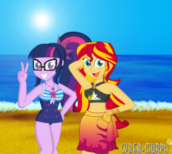 Size: 2872x2576 | Tagged: safe, artist:cyber-murph, sci-twi, sunset shimmer, twilight sparkle, equestria girls, equestria girls series, forgotten friendship, g4, arm behind head, beach, belly, belly button, bikini, clothes, cute, geode of empathy, geode of telekinesis, glasses, high res, magical geodes, midriff, ocean, one-piece swimsuit, peace sign, sarong, sci-twi swimsuit, shimmerbetes, swimsuit, twiabetes