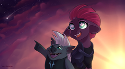 Size: 5400x3000 | Tagged: safe, artist:mrvhenanra, grubber, tempest shadow, pony, unicorn, g4, my little pony: the movie, armor, broken horn, cute, eye scar, female, grubberbetes, horn, male, mare, pointing, scar, shooting star, sunset, tempestbetes, wingding eyes