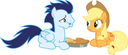 Size: 6123x2654 | Tagged: safe, artist:chainchomp2 edits, artist:redpandapony, edit, editor:slayerbvc, applejack, soarin', earth pony, pegasus, pony, g4, apple, apple pie, duo, eating, female, food, male, mare, pie, prone, puffy cheeks, simple background, stallion, that pony sure does love pies, transparent background, vector