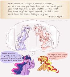 Size: 2700x2976 | Tagged: safe, artist:overlordneon, sunset shimmer, twilight sparkle, alicorn, human, pony, equestria girls, g4, adorable distress, alicornified, angry, blushing, clothes, cute, dialogue, eyes closed, female, high res, lesbian, looking at each other, mare, older, older sunset, older twilight, older twilight sparkle (alicorn), race swap, shimmerbetes, shimmercorn, ship:sunsetsparkle, shipping, smiling, smug, smug smile, smugset shimmer, thought bubble, twiabetes, twilight sparkle (alicorn), ultimate twilight, unamused