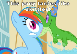 Size: 1141x810 | Tagged: safe, edit, edited screencap, screencap, gummy, rainbow dash, g4, party of one, season 1, caption, faic, great moments in animation, image macro, rainbow dash is best facemaker, taste the rainbow, text