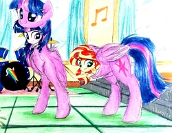 Size: 1602x1235 | Tagged: safe, artist:liaaqila, sunset shimmer, twilight sparkle, alicorn, pony, equestria girls, g4, clothes, cosplay, costume, cymbals, drums, female, looking back, music notes, musical instrument, pantomime horse, ponysuit, quadsuit, smiling, traditional art, twilight sparkle (alicorn), two-person costume