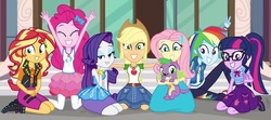 Size: 1024x453 | Tagged: safe, artist:ilaria122, applejack, fluttershy, pinkie pie, rainbow dash, rarity, sci-twi, spike, spike the regular dog, sunset shimmer, twilight sparkle, dog, equestria girls, equestria girls series, forgotten friendship, g4, boots, clothes, cowboy hat, cute, denim skirt, eyes closed, female, freckles, geode of empathy, geode of fauna, geode of shielding, geode of sugar bombs, geode of super speed, geode of super strength, geode of telekinesis, glasses, grin, hat, high heel boots, humane five, humane seven, humane six, kneeling, looking at you, magical geodes, pantyhose, ponytail, shirt, shoes, skirt, smiling, stetson, vest