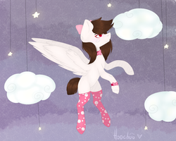 Size: 2500x2000 | Tagged: safe, artist:hoochuu, oc, oc:lady hooves, pegasus, pony, clothes, cloud, cute, female, flying, high res, jewelry, necklace, socks