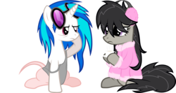 Size: 4167x2211 | Tagged: safe, artist:zacatron94, edit, edited edit, editor:slayerbvc, dj pon-3, octavia melody, vinyl scratch, earth pony, pony, unicorn, g4, bathrobe, bed mane, bottomless, clothes, coffee, earmuffs, female, furless, furless edit, mare, messy mane, morning ponies, off shoulder, partial nudity, partial nudity edit, robe, simple background, sitting, sunglasses, tank top, transparent background, vector