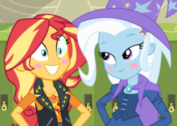 Size: 1436x1020 | Tagged: safe, artist:themexicanpunisher, sunset shimmer, trixie, equestria girls, g4, my little pony equestria girls: better together, blush sticker, blushing, cape, clothes, female, grin, hat, lesbian, lidded eyes, ship:suntrix, shipping, shirt, smiling, trixie's cape, trixie's hat, vest, waistcoat