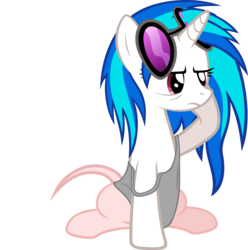 Size: 1726x1742 | Tagged: safe, artist:zacatron94, edit, editor:slayerbvc, dj pon-3, vinyl scratch, pony, unicorn, g4, bed mane, bottomless, clothes, female, furless, furless edit, mare, morning ponies, off shoulder, partial nudity, partial nudity edit, shaved, shaved tail, simple background, solo, sunglasses, tank top, transparent background