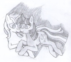 Size: 920x806 | Tagged: safe, artist:jesterofdestiny, lyra heartstrings, twilight sparkle, pony, unicorn, fanfic:a slight detour, g4, black and white, cuddling, fanfic, fanfic art, female, grayscale, holding hooves, lesbian, looking at each other, lying down, monochrome, pencil drawing, shadow, ship:twyra, shipping, smiling, snuggling, traditional art, unicorn twilight