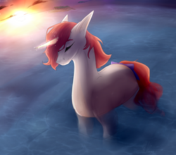 Size: 6000x5291 | Tagged: safe, artist:lastaimin, oc, oc only, pony, unicorn, absurd resolution, eyes closed, solo, sunset, water