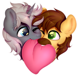 Size: 3000x3000 | Tagged: safe, artist:meowcephei, oc, oc only, oc:ardent shield, oc:calpain, pony, unicorn, bust, colored pupils, couple, cute, duo, ear fluff, gay, hearts and hooves day, high res, holiday, looking at each other, male, oc x oc, one eye closed, pillow, shipping, simple background, transparent background, valentine's day, ych result