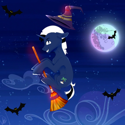 Size: 3000x3000 | Tagged: safe, artist:vikalev333, oc, oc only, oc:shabaco, bat, pony, unicorn, broom, flying, flying broomstick, halloween, hat, high res, holiday, male, mare in the moon, moon, solo, stars, unshorn fetlocks, witch hat, ych result